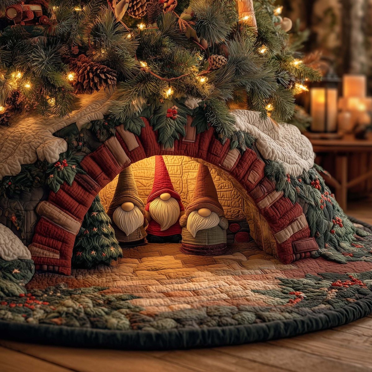 Gnome Trio in the Quilted Arch Christmas Tree Skirt - Made to Order TREEK101