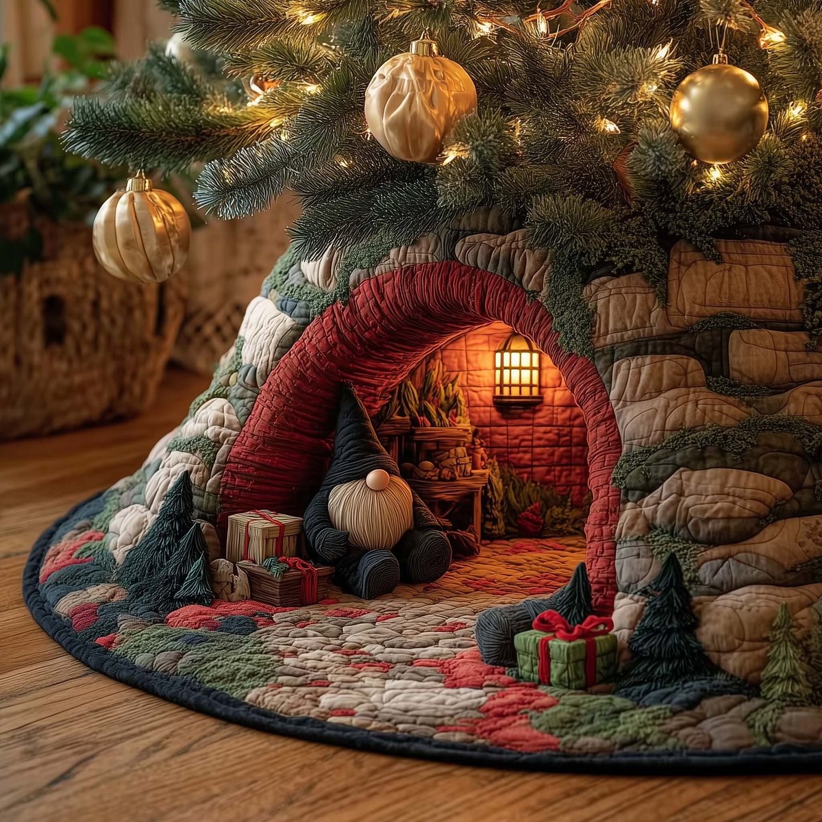 Gnome in the Red Brick Archway Christmas Tree Skirt - Made to Order TREEK101