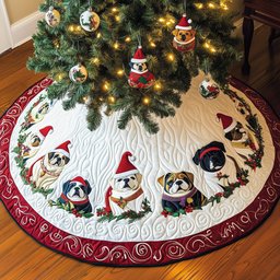 Bulldogs in Santa Hats on White Christmas Tree Skirt - Made to Order TREEK101