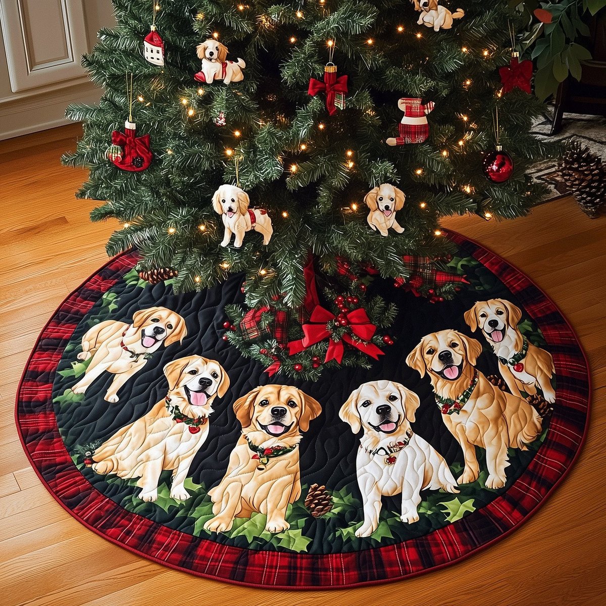 Goldens with Candy Canes on Red Christmas Tree Skirt - Made to Order TREEK101