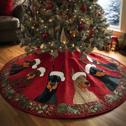 Dobermans in Santa Hats on Red Christmas Tree Skirt - Made to Order TREEK101