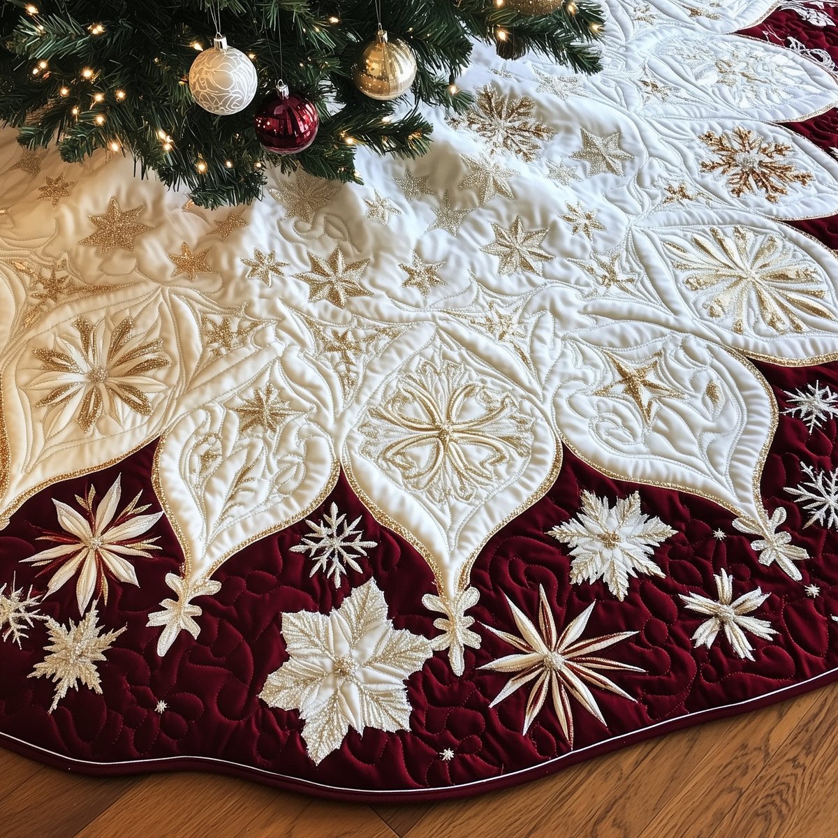 Damask Snowflake Points on Wine Christmas Tree Skirt - Made to Order TREEK101