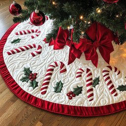 Canes and Crimson Bows on Cream Christmas Tree Skirt - Made to Order TREEK101
