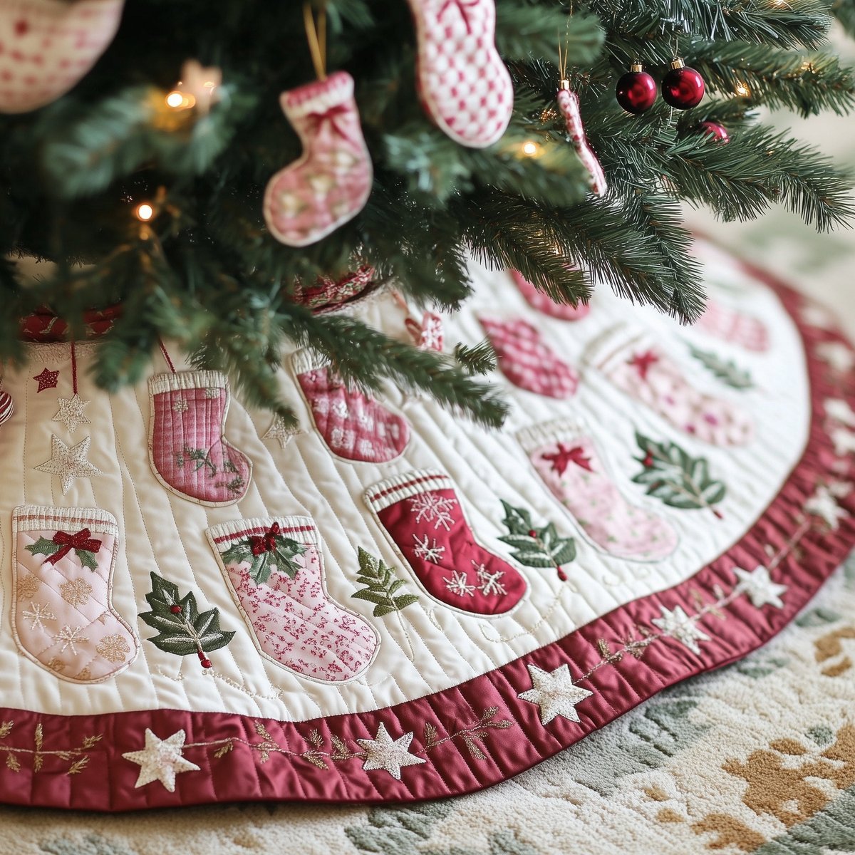 Rose Stockings on Cream Christmas Tree Skirt - Made to Order TREEK101