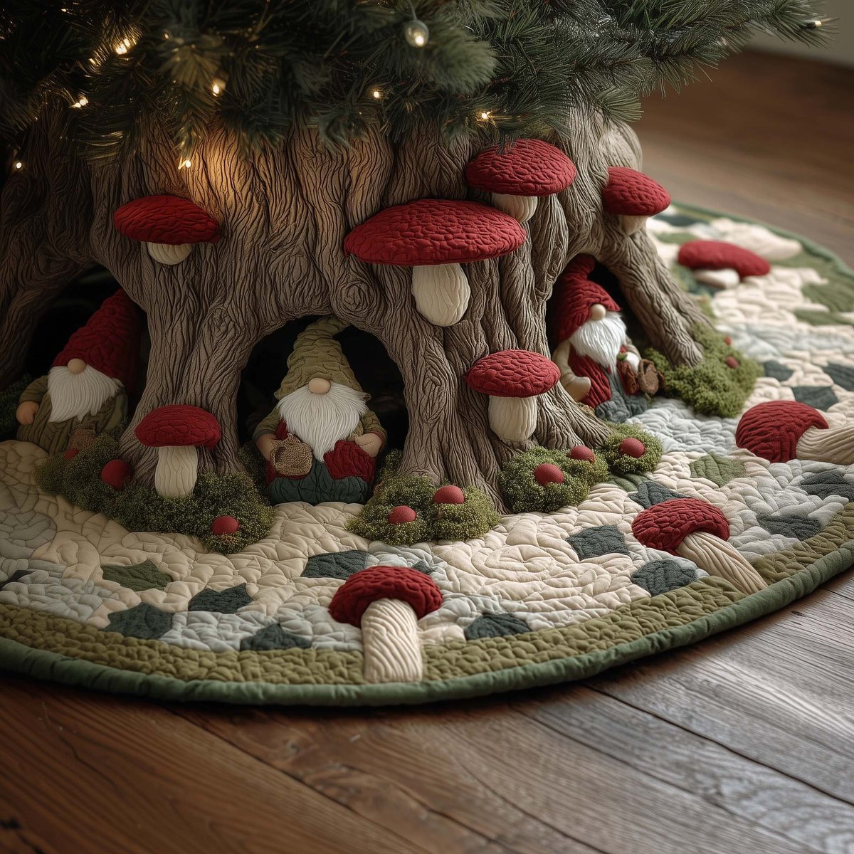 Gnome at the Mushroom Stump Christmas Tree Skirt - Made to Order TREEK101