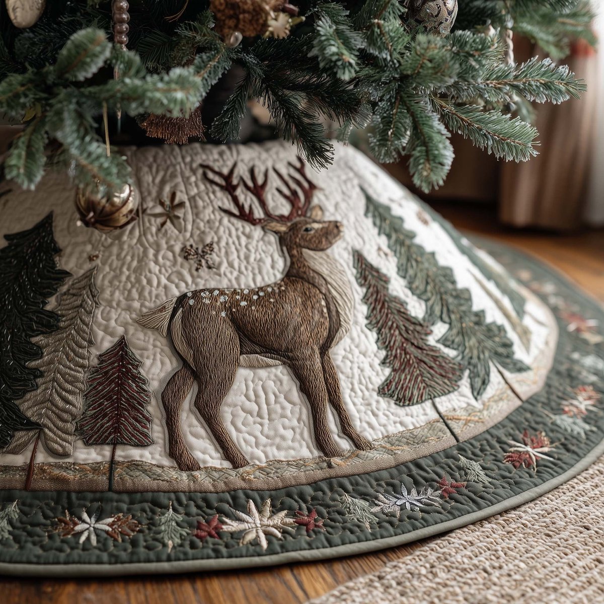 Stag and Doe Folk Panel Christmas Tree Skirt - Made to Order TREEK101