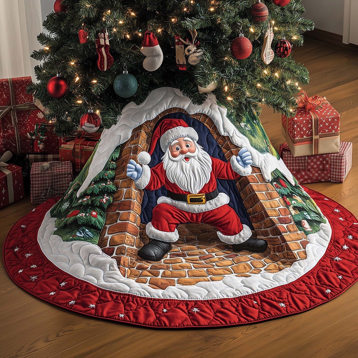 Santa Climbing from the Chimney Christmas Tree Skirt - Made to Order TREEK101