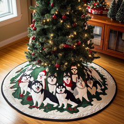 Husky Family on the Snow Ring Christmas Tree Skirt - Made to Order TREEK101