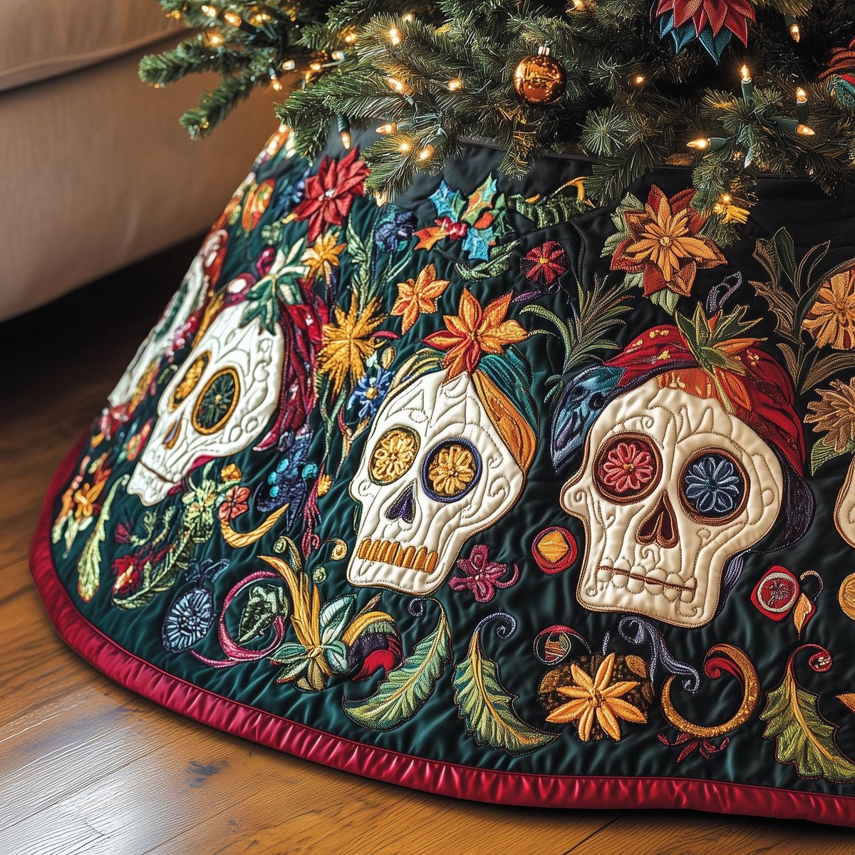 Sugar Skulls in Autumn Flowers Christmas Tree Skirt - Made to Order TREEK101