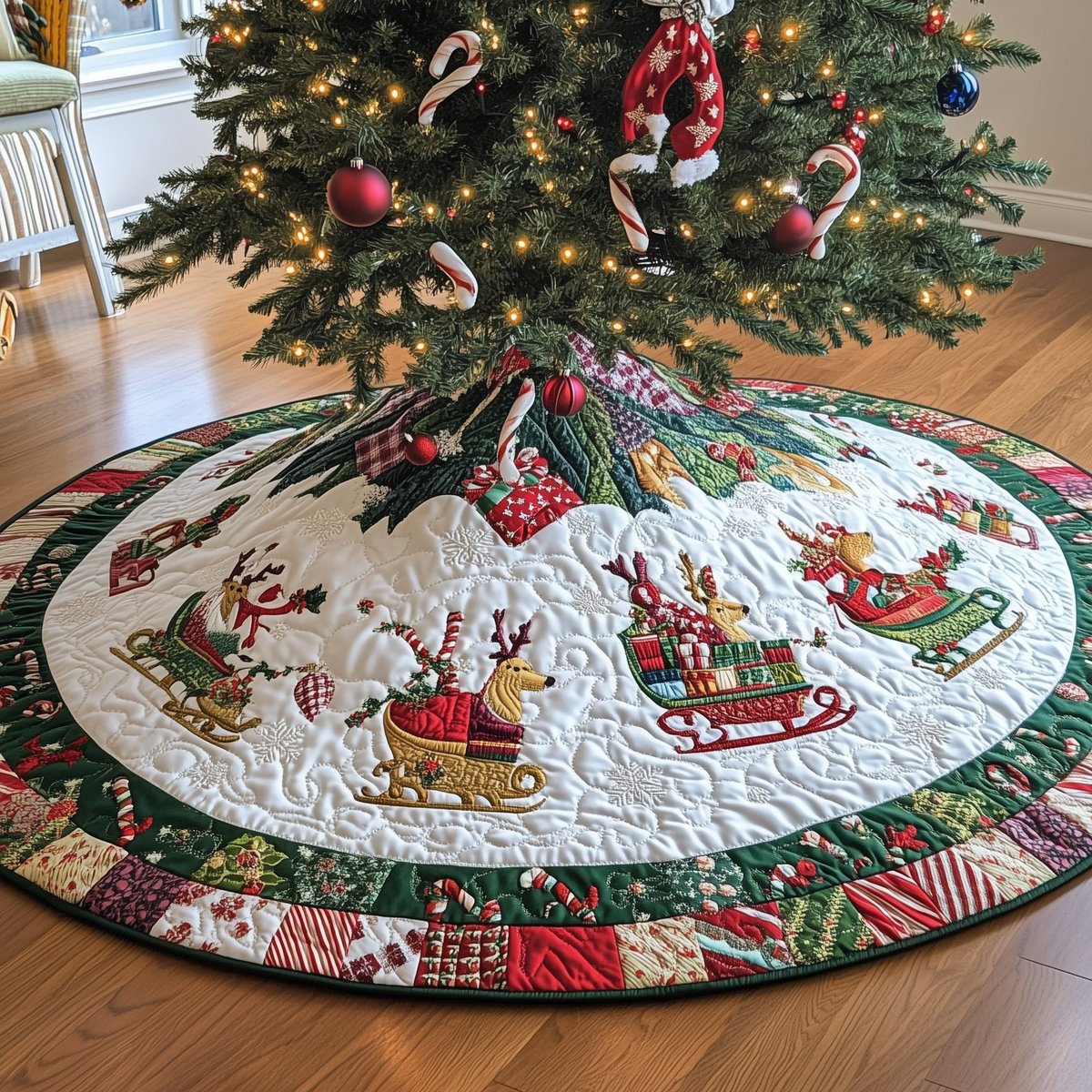 Sleds and Reindeer Border Christmas Tree Skirt - Made to Order TREEK101