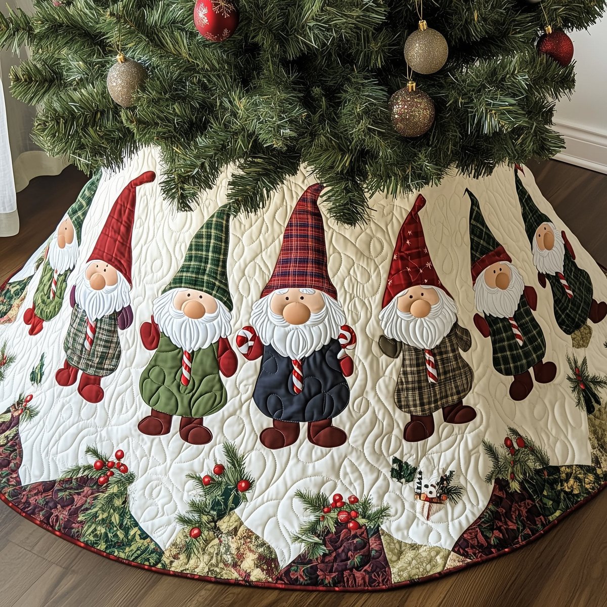 Gnome Line in Holiday Plaid Christmas Tree Skirt - Made to Order TREEK101