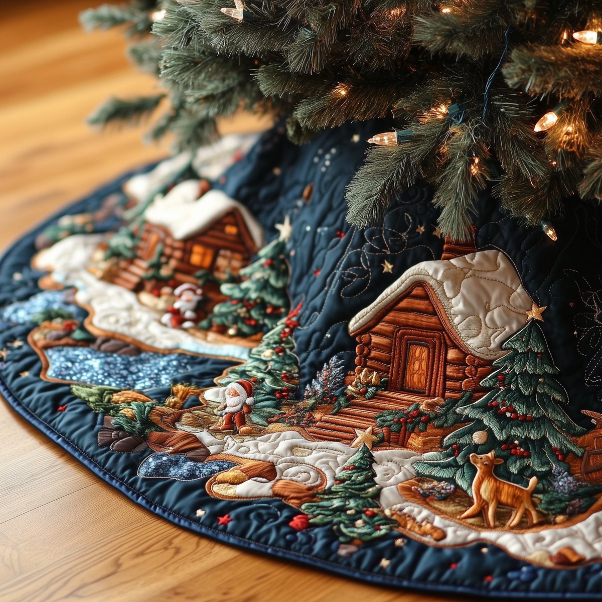 Snowy Cabin in the Blue Woods Christmas Tree Skirt - Made to Order TREEK101