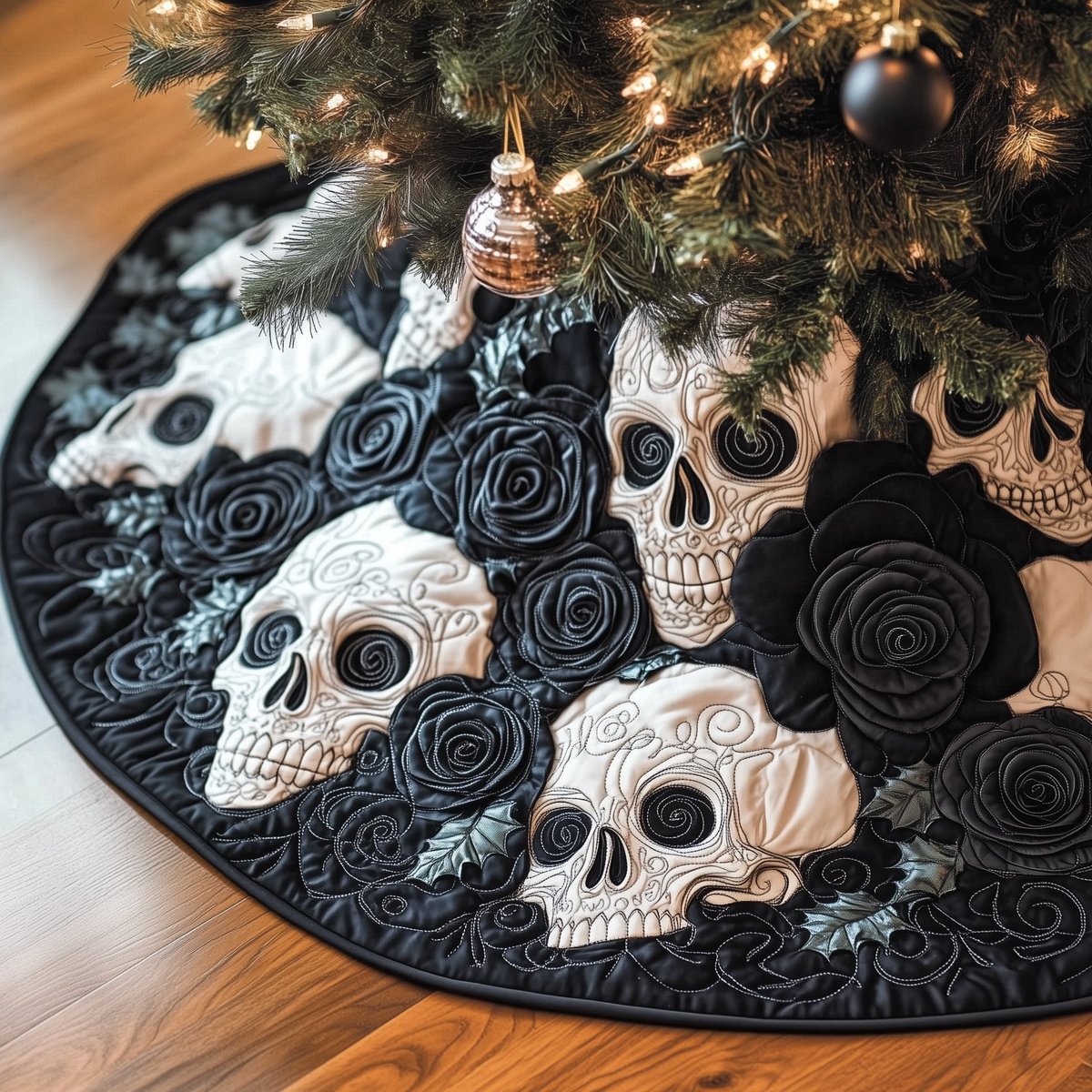 Skulls and Roses in Charcoal Christmas Tree Skirt - Made to Order TREEK101