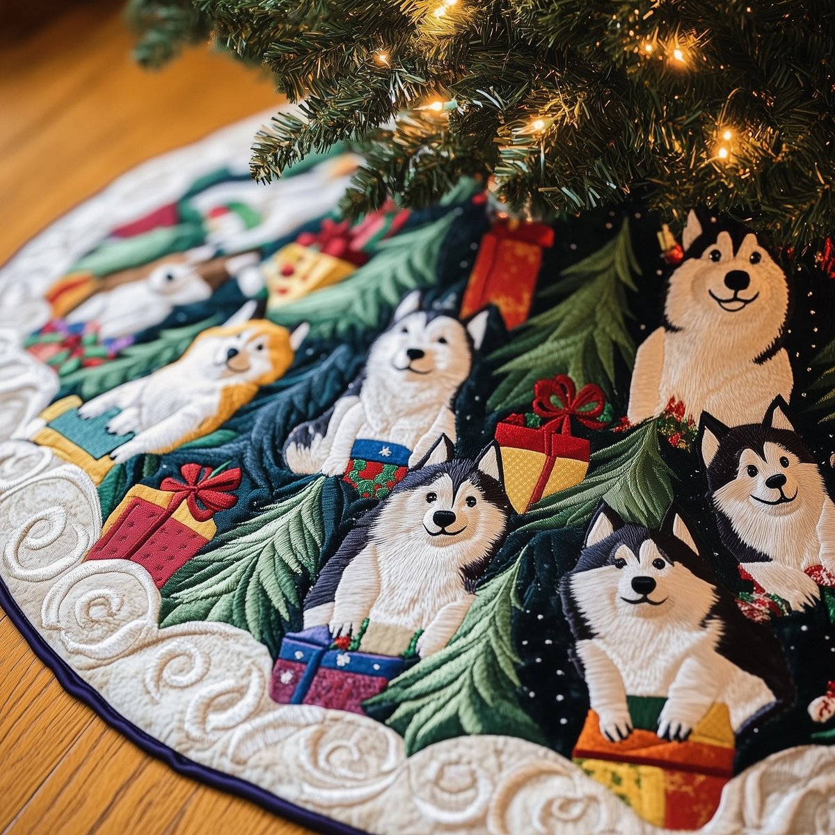 Huskies in the Winter Pines Christmas Tree Skirt - Made to Order TREEK101