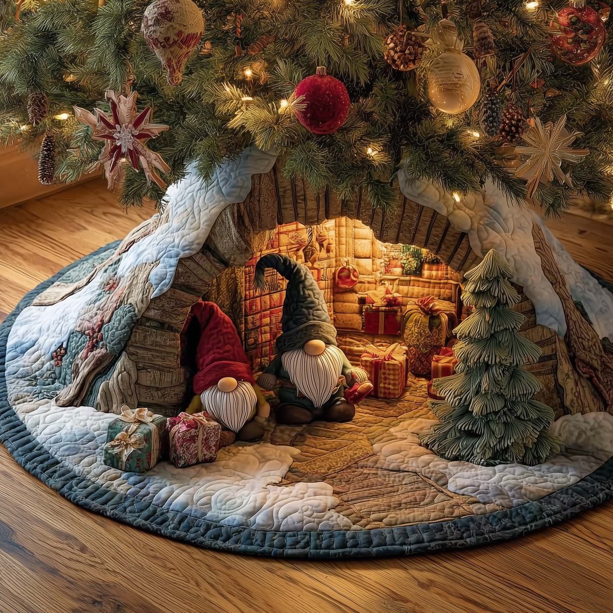 Gnome Grotto in the Snowy Stump Christmas Tree Skirt - Made to Order TREEK101