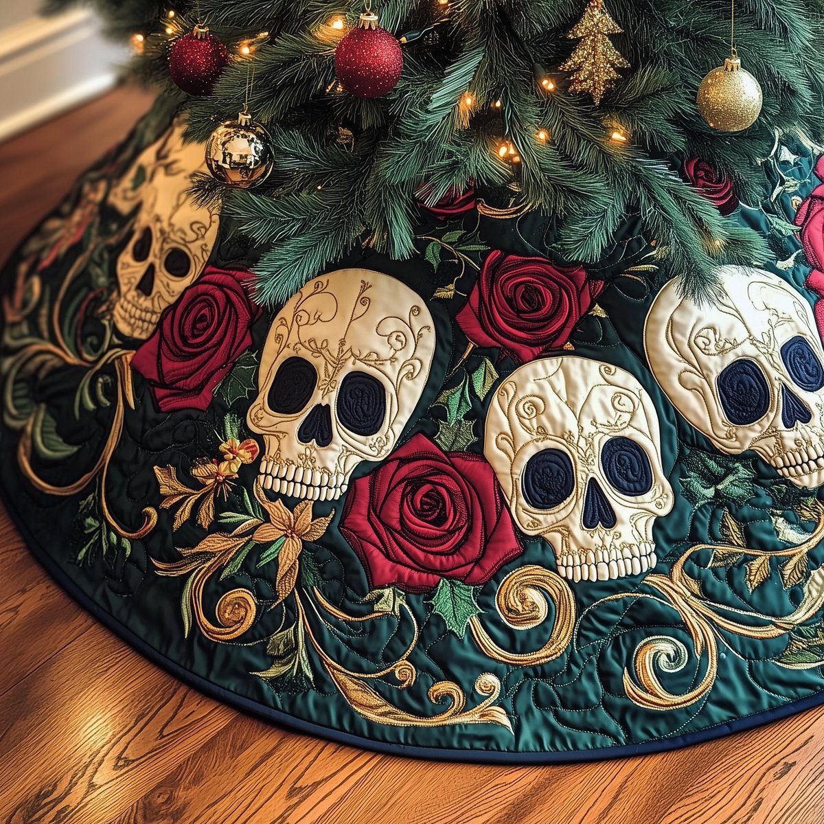 Skulls and Red Roses on Teal Christmas Tree Skirt - Made to Order TREEK101