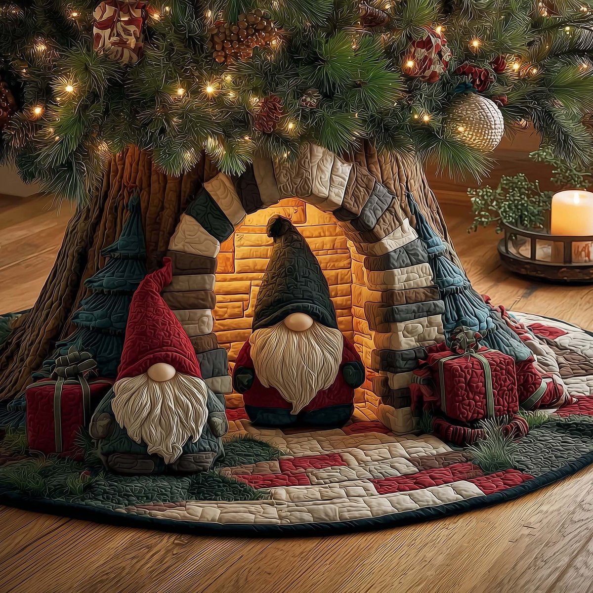 Gnomes at the Stone Hearth Arch Christmas Tree Skirt - Made to Order TREEK101