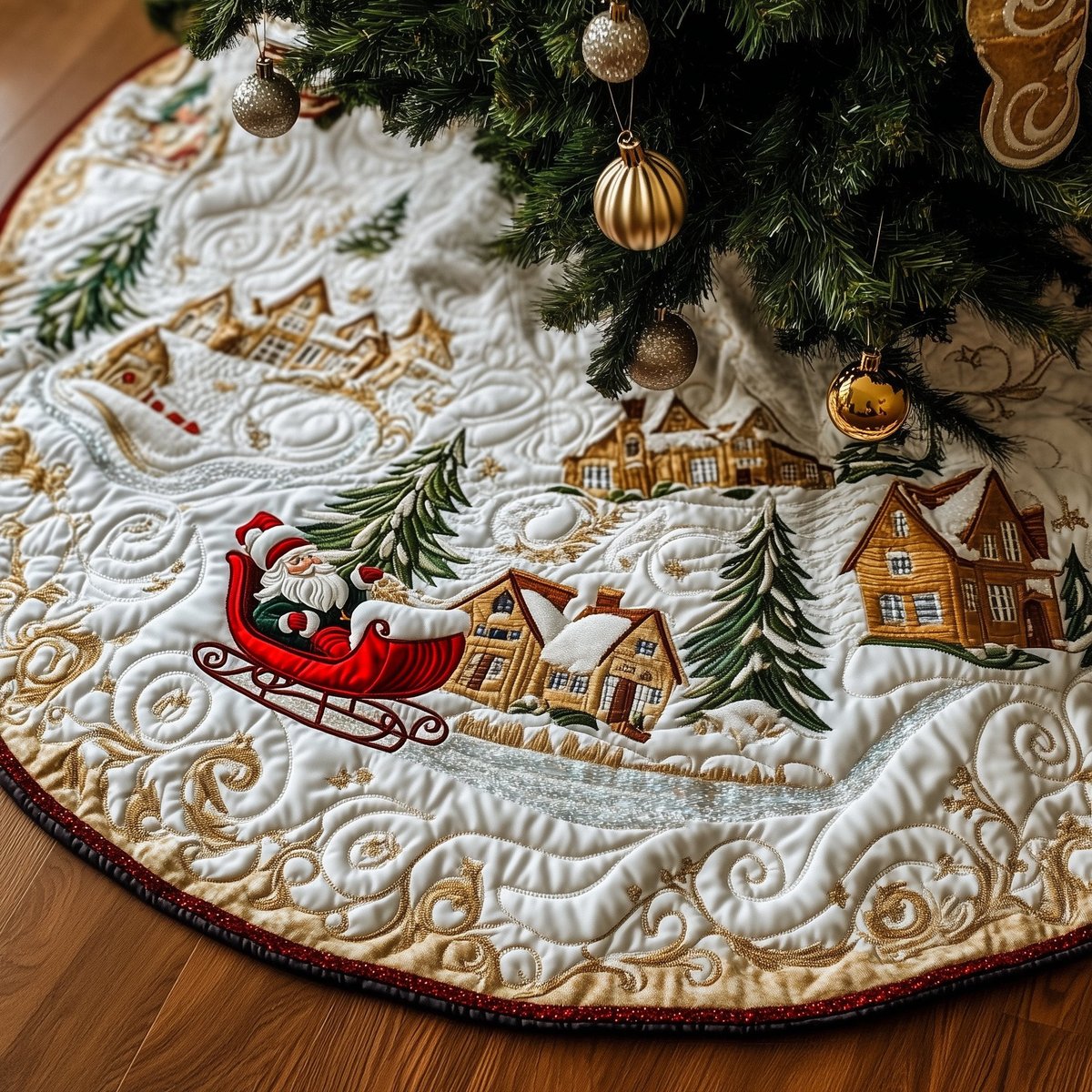 Santa's Sleigh Through the Village Christmas Tree Skirt - Made to Order TREEK101
