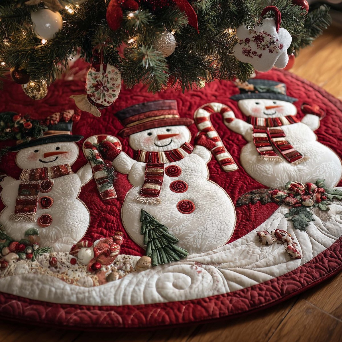 Snowmen on Crimson with Stripes Christmas Tree Skirt - Made to Order TREEK101
