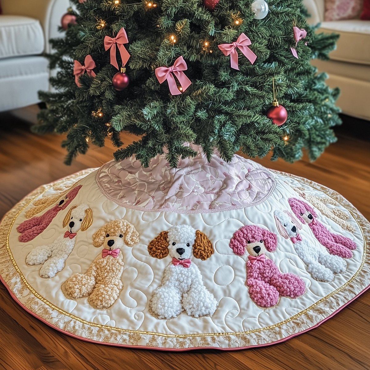 Poodle Parade in Pink Christmas Tree Skirt - Made to Order TREEK101