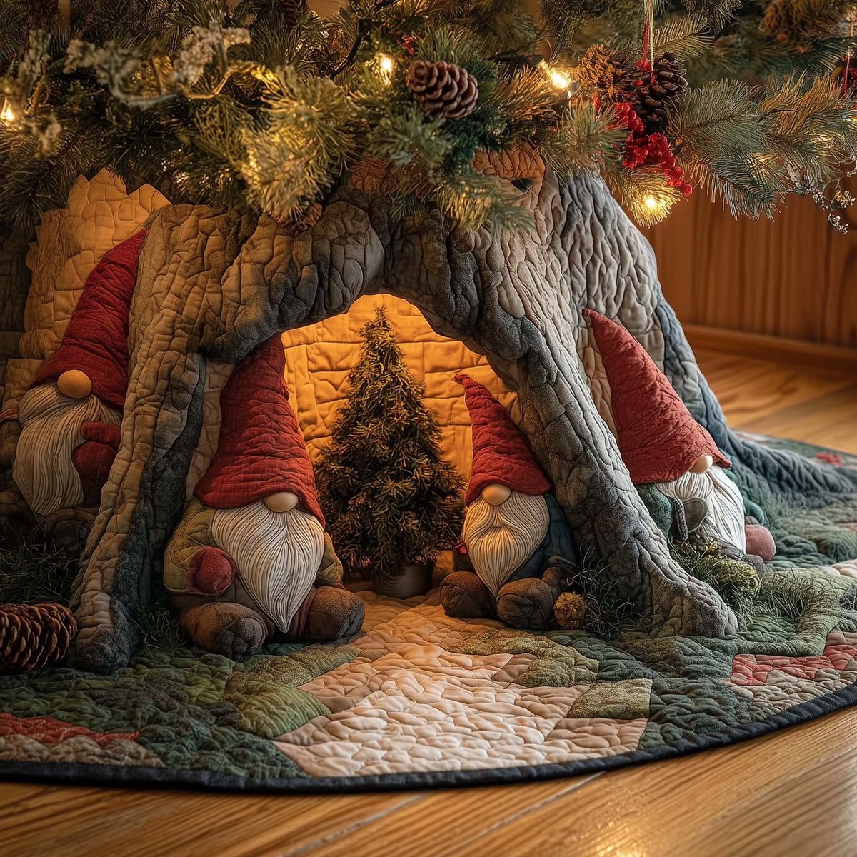 Gnomes Around the Fir in the Root Tent Christmas Tree Skirt - Made to Order TREEK101