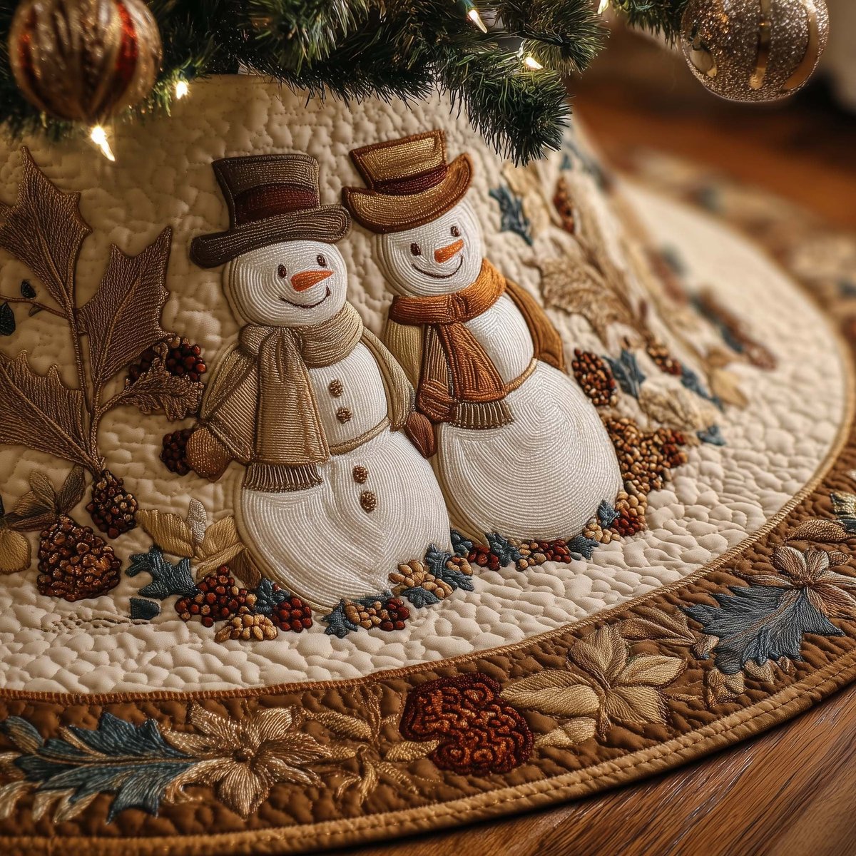 Snowman Couple on Autumn Gold Christmas Tree Skirt - Made to Order TREEK101