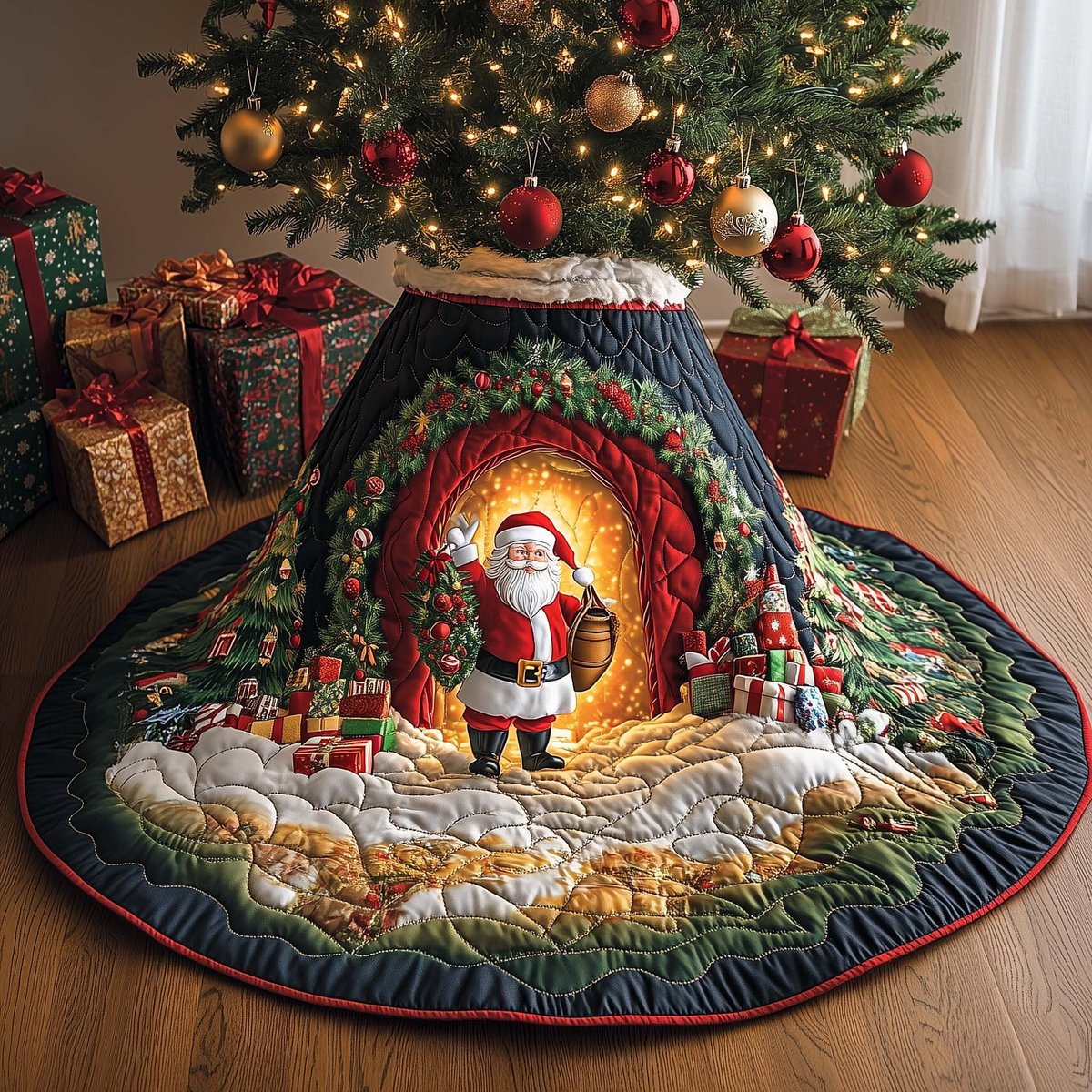 Santa in the Wreath Doorway Christmas Tree Skirt - Made to Order TREEK101