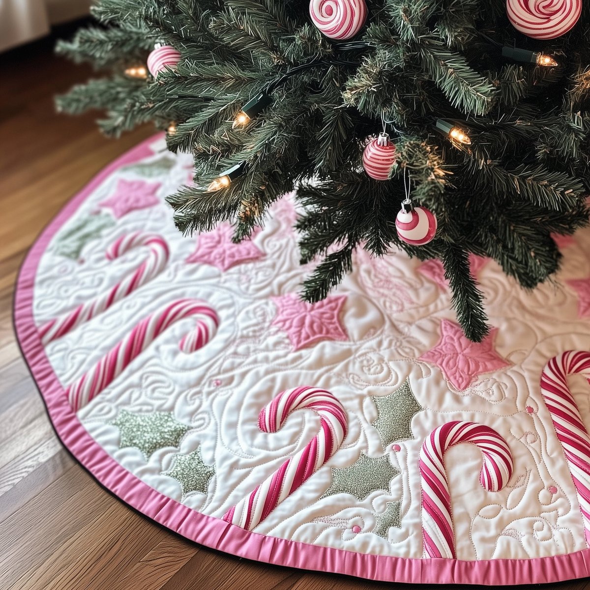 Peppermint Canes in Pink Trim Christmas Tree Skirt - Made to Order TREEK101