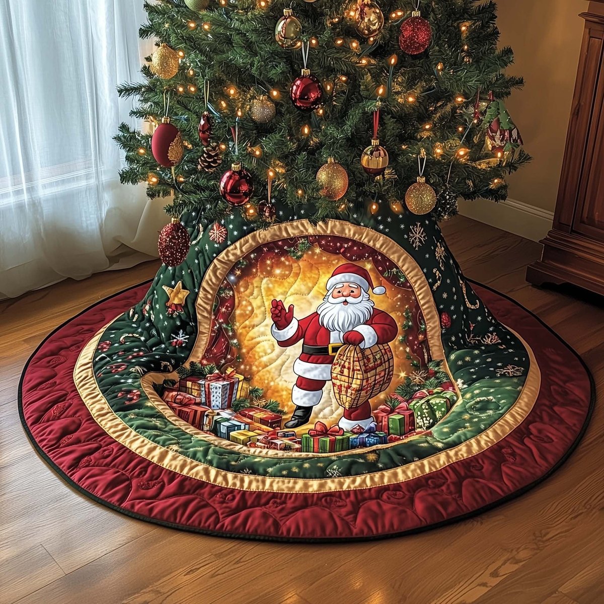 Santa at the Glowing Hearth Christmas Tree Skirt - Made to Order TREEK101