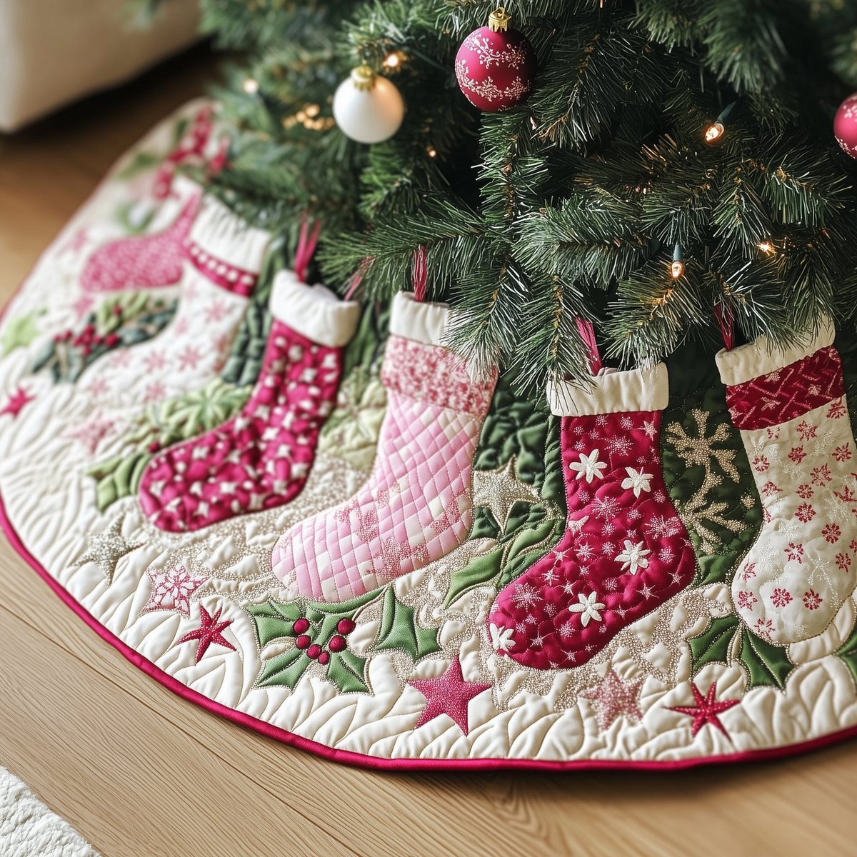 Berry Stockings and Stars Christmas Tree Skirt - Made to Order TREEK101