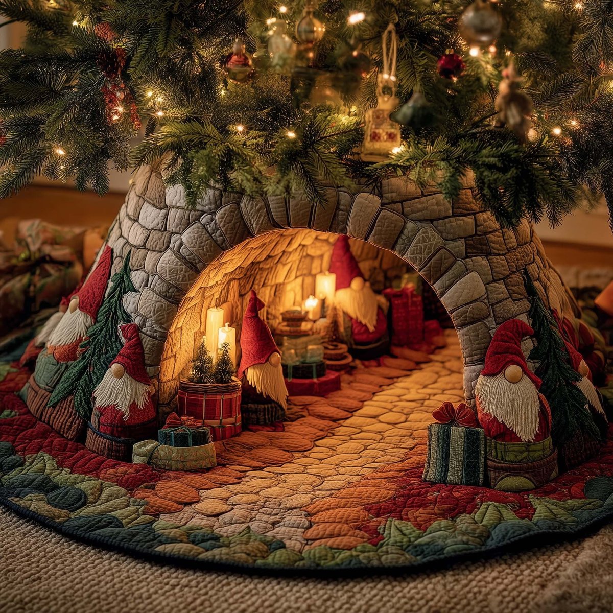 Gnome Fireside in the Mossy Arch Christmas Tree Skirt - Made to Order TREEK101