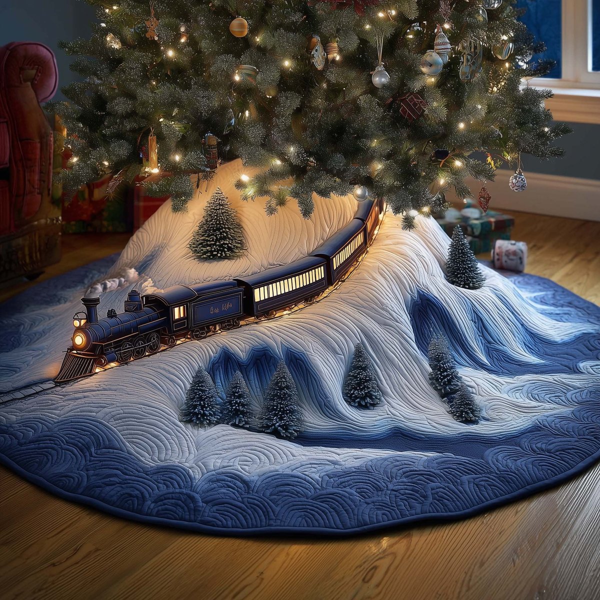 Midnight Train in the Snowdrifts Christmas Tree Skirt - Made to Order TREEK101