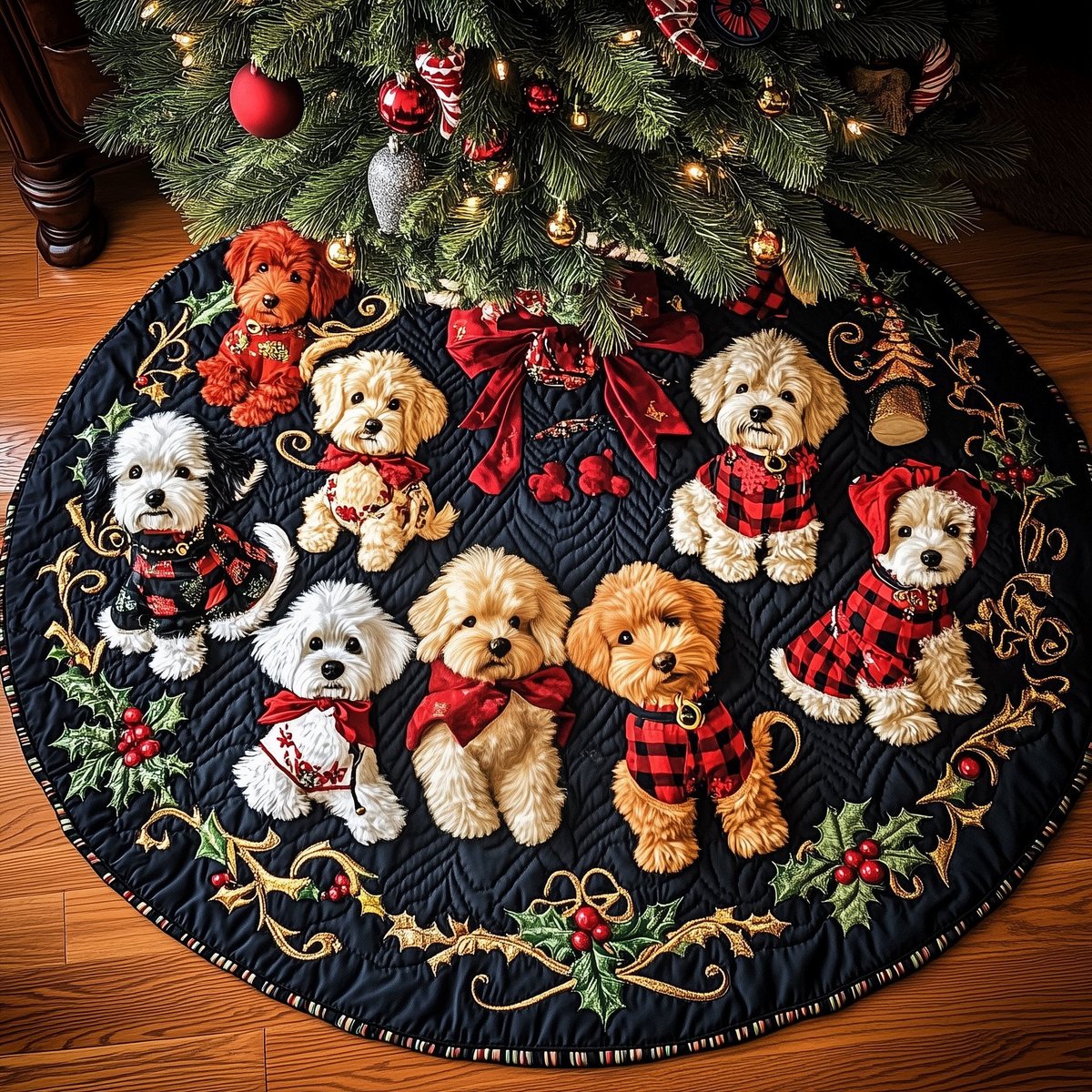 Poodle Pack in Plaid Coats Christmas Tree Skirt - Made to Order TREEK101