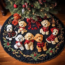 Poodle Pack in Plaid Coats Christmas Tree Skirt - Made to Order TREEK101