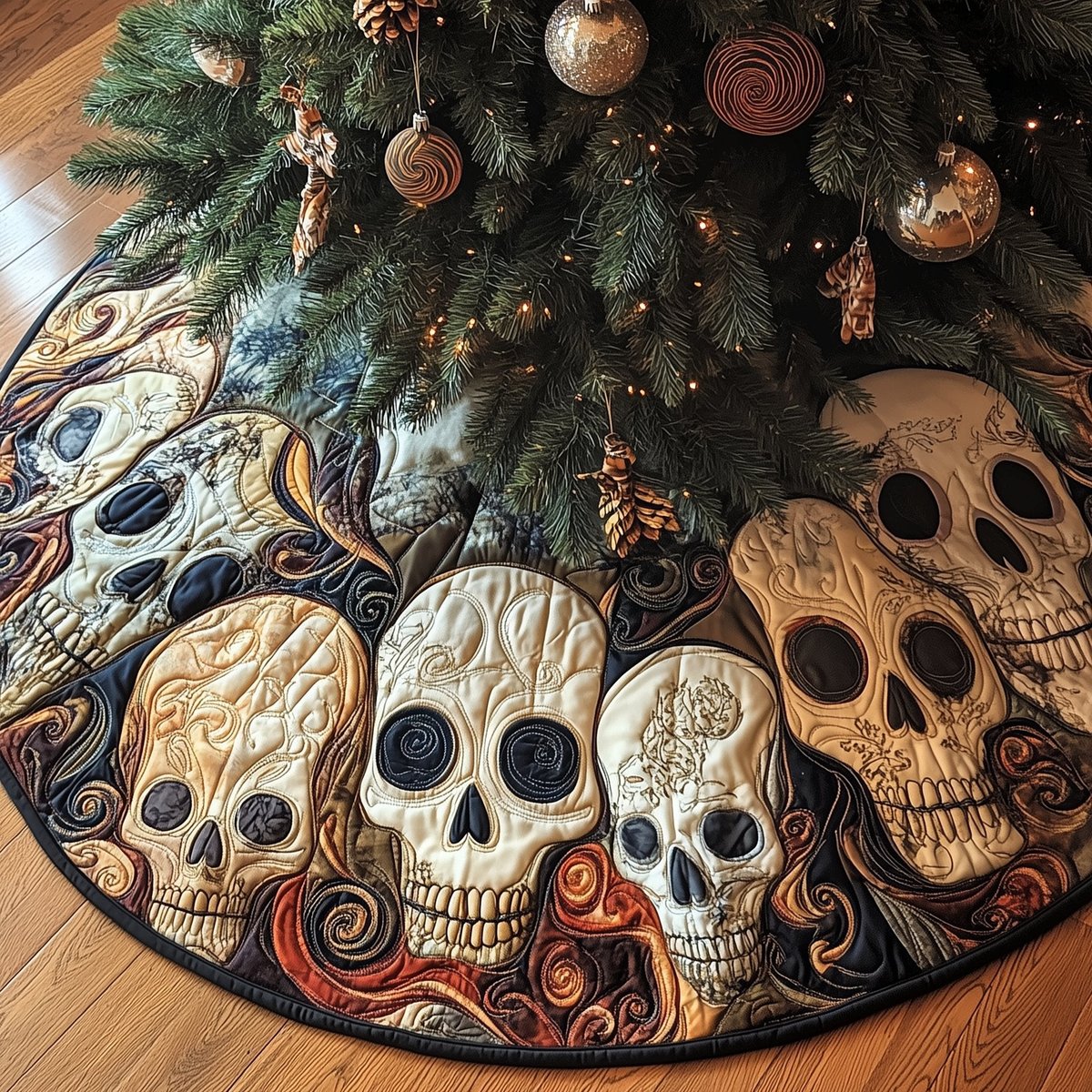 Mosaic Skulls on Patterned Gold Christmas Tree Skirt - Made to Order TREEK101
