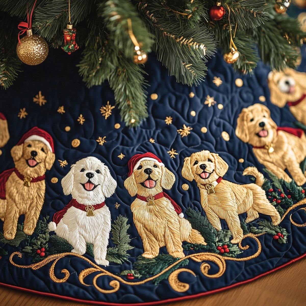 Retriever Pups on Midnight Gold Christmas Tree Skirt - Made to Order TREEK101