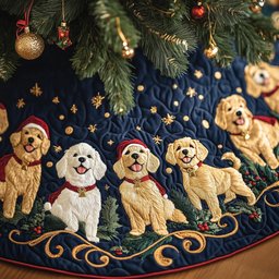 Retriever Pups on Midnight Gold Christmas Tree Skirt - Made to Order TREEK101