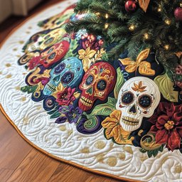 Rainbow Sugar Skulls on White Christmas Tree Skirt - Made to Order TREEK101