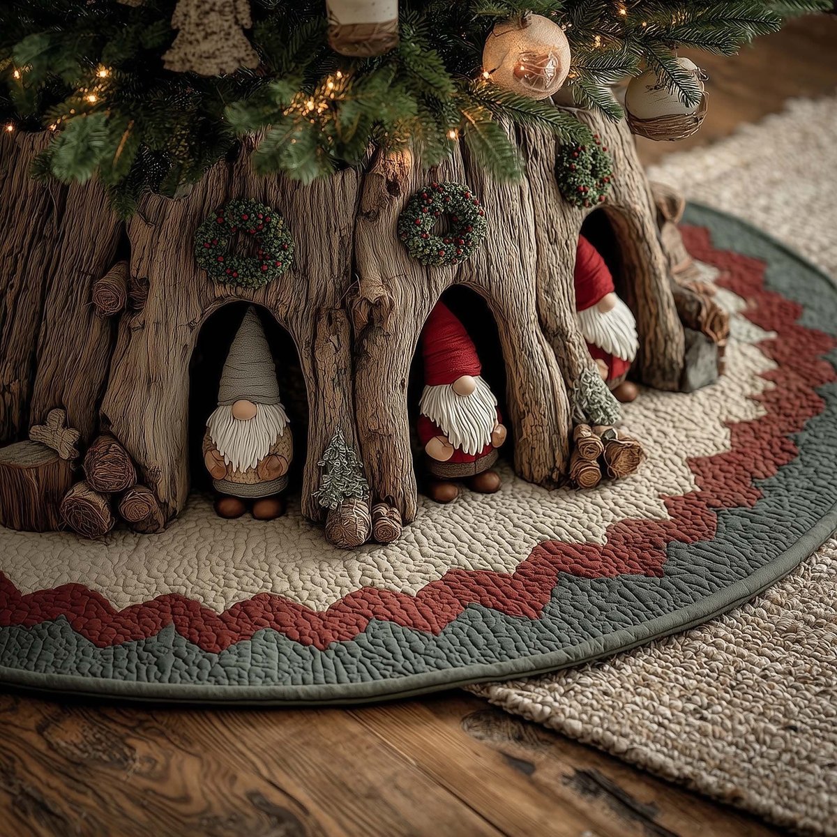 Gnomes in the Driftwood Hollow Christmas Tree Skirt - Made to Order TREEK101