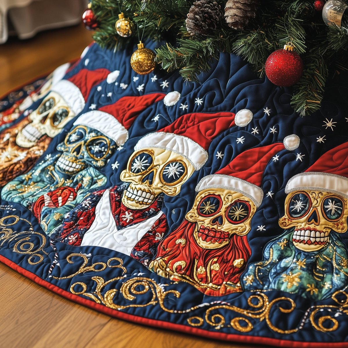 Santa Hat Skulls on Starry Navy Christmas Tree Skirt - Made to Order TREEK101
