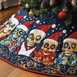 Santa Hat Skulls on Starry Navy Christmas Tree Skirt - Made to Order TREEK101