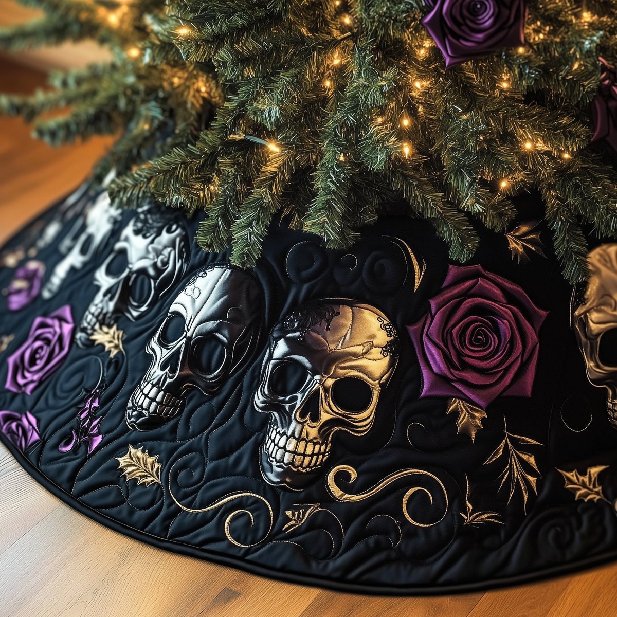 Silver Skulls with a Purple Rose Christmas Tree Skirt - Made to Order TREEK101