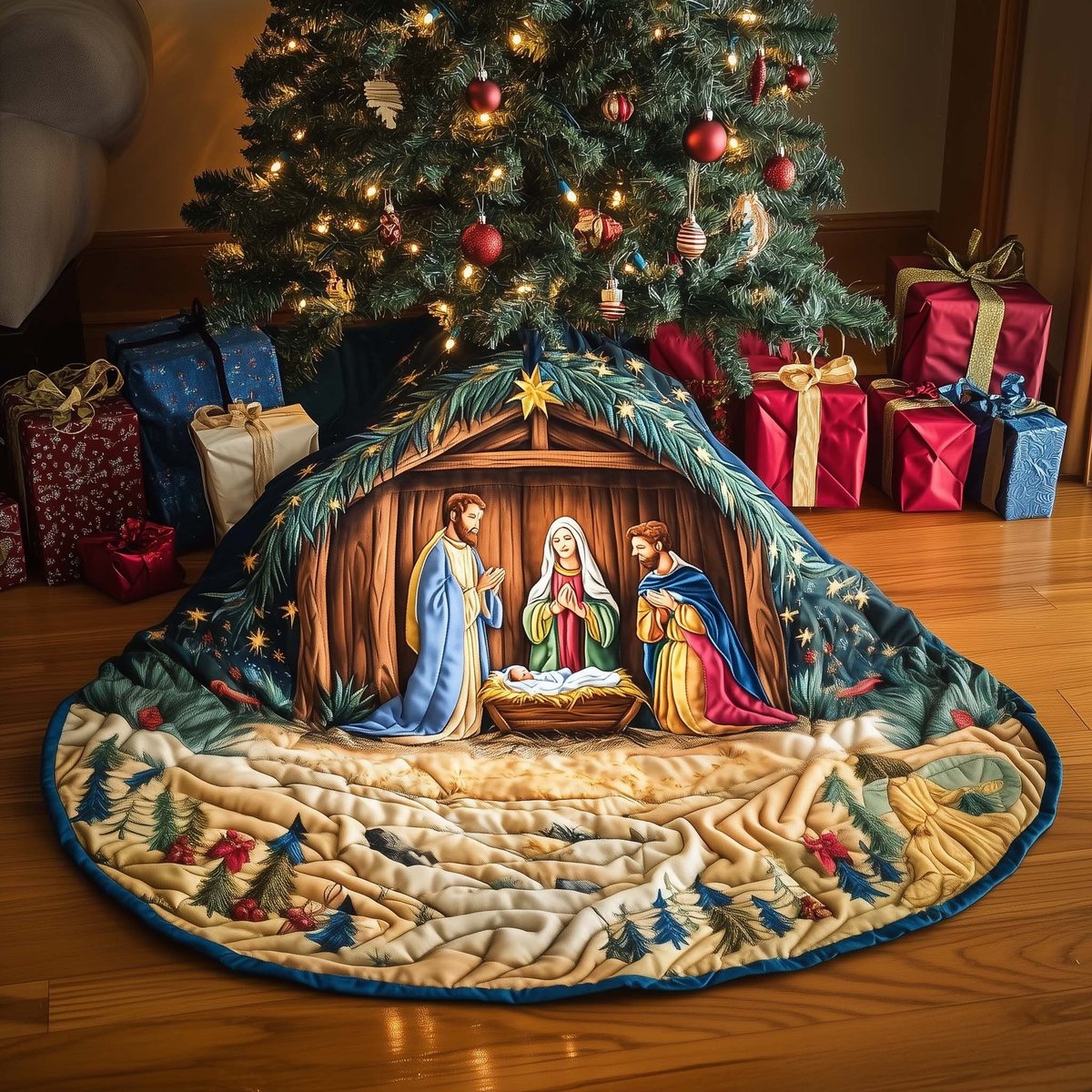 Nativity in the Golden Wheat Christmas Tree Skirt - Made to Order TREEK101