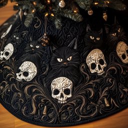 Black Cat and Sugar Skulls Christmas Tree Skirt - Made to Order TREEK101