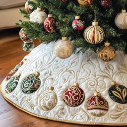 Gilded Baubles on Cream Swirl Christmas Tree Skirt - Made to Order TREEK101