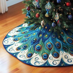 Peacock Tail Fan on Snow Christmas Tree Skirt - Made to Order TREEK101
