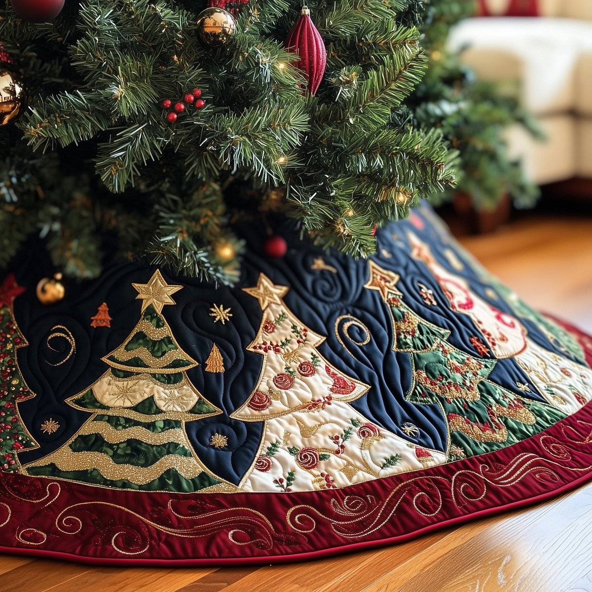 Tree Pair on Crimson Trim Christmas Tree Skirt - Made to Order TREEK101
