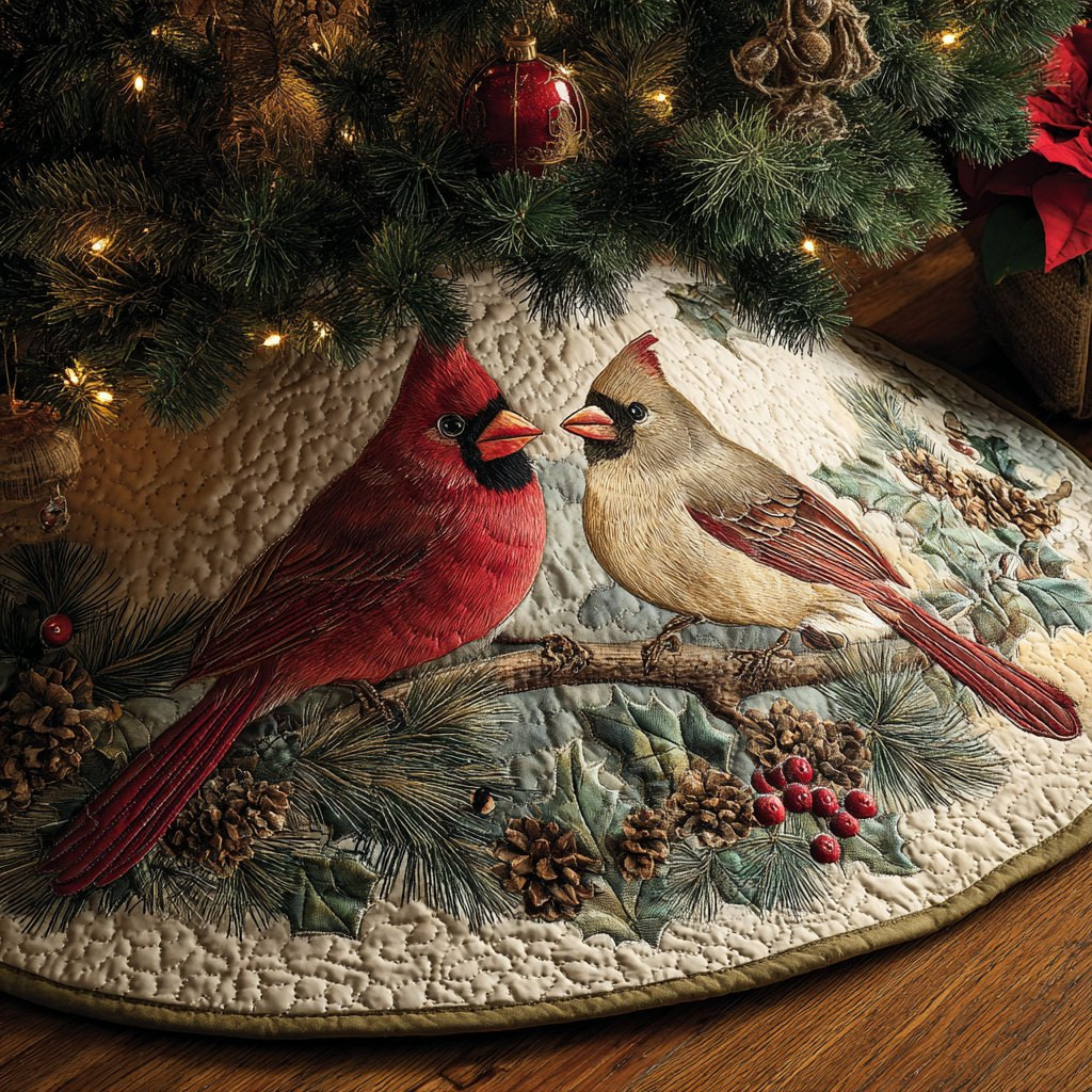 Cardinal Couple on a Branch Christmas Tree Skirt - Made to Order TREEK101