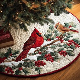 Cardinal Pair in the Holly Christmas Tree Skirt - Made to Order TREEK101