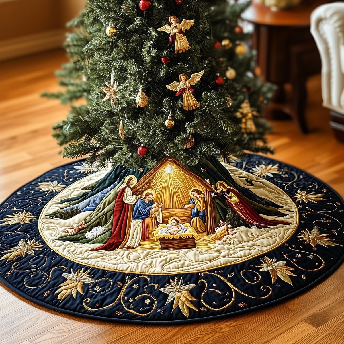 Angels Over the Golden Stable Christmas Tree Skirt - Made to Order TREEK101
